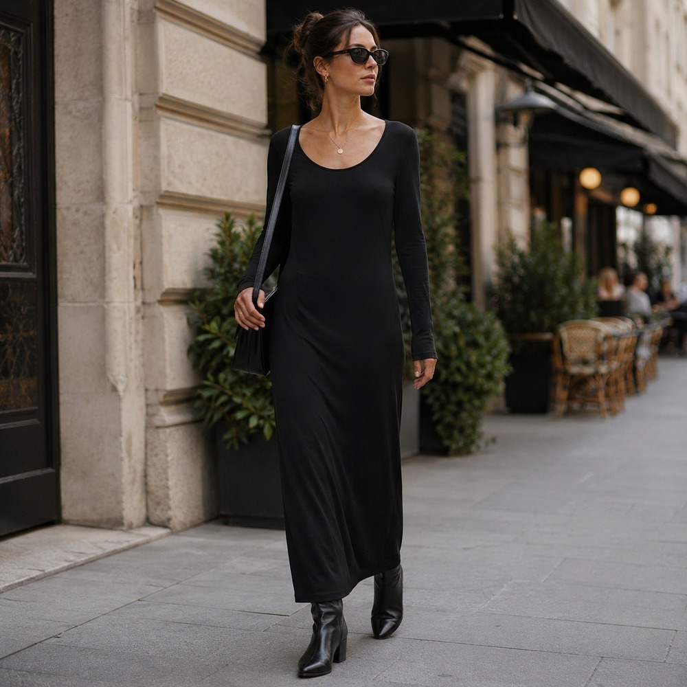Kiara Womens Black Long Sleeve Scoop Neck Slinky Knit Maxi Dress XL Stretch